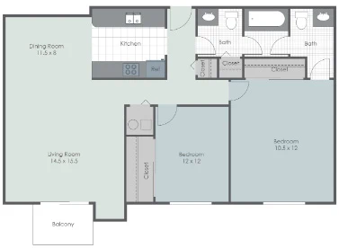 Classic Two Bed, 1.5 Bath Floorplan Diagram