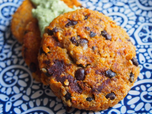 Vegan Burgers - sweet potato, quinoa and black beans - served with a cashew basil dipping sauce!