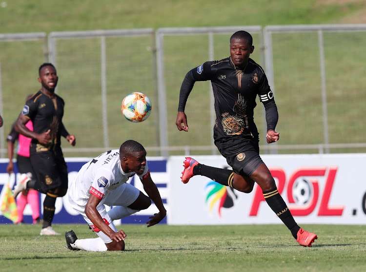 Ndumiso Mabena of Royal AM challenged by Zuko Mdunyelwa of Chippa United during the DStv Premiership 2021/22 match between Royal AM and Chippa United.