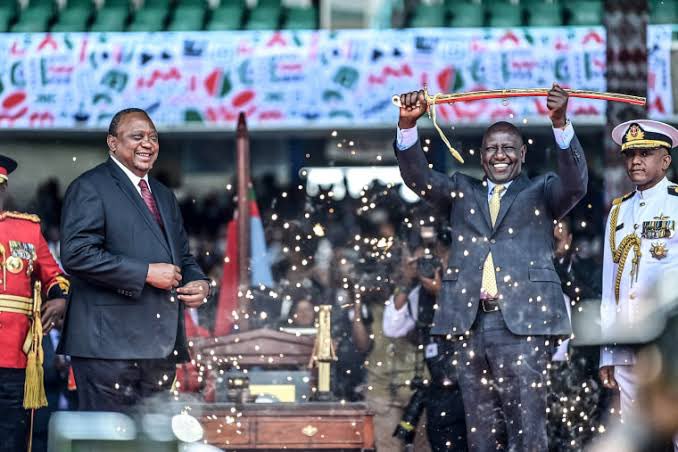 President William Ruto displaying the ceremonial sword during his inauguration.