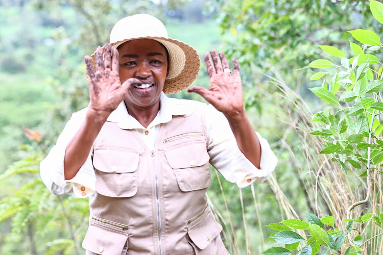 First Lady Mama Rachel Ruto after planting trees at Kiambicho Forest Karua Hill A, Murang'a County on May 10, 2024.