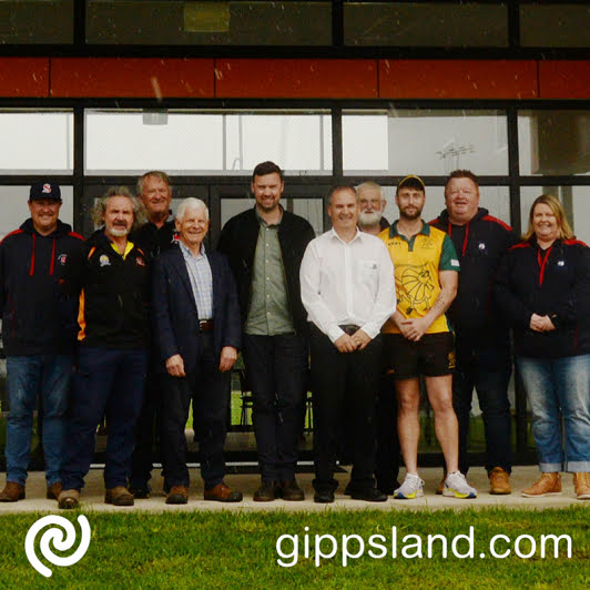 L - R, Kevin Arbuthnot from Sale Rangers Baseball Club, Pete Perillo and Keith Pritchard from Sale Umpires Association, Brian Castles from the John Leslie Foundation, Mr Tom McIntosh Member for Eastern Victorian Region, Wellington Shire Council Mayor Ian Bye, Laurie Smyth from Sale Touch Football Association, Lachlan Floyd from Longford Cricket Club and Michael and Louise Clapton from Sale City Football/Netball Club