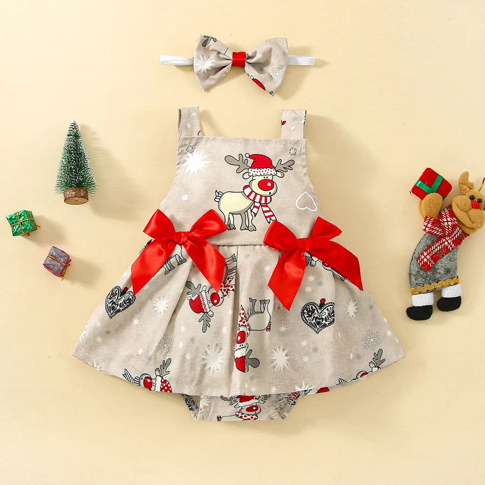 Robe de Noël Élégante Bébé Fille 0-3 Ans Imprimé Dessin Animé, Bandeau Papillon et Élastique pour Cheveux