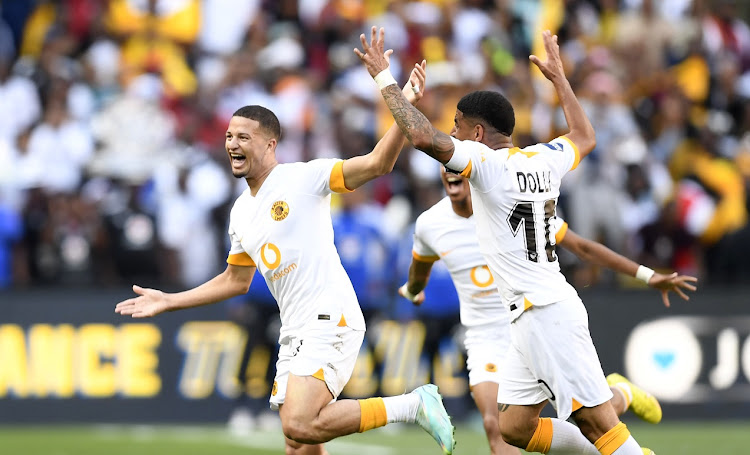 Yusuf Maart of Kaizer Chiefs celebrates scoring his superb goal with captain Keagan Dolly during the DStv Premiership Soweto derby against Orlando Pirates at FNB Stadium on October 29 2022.