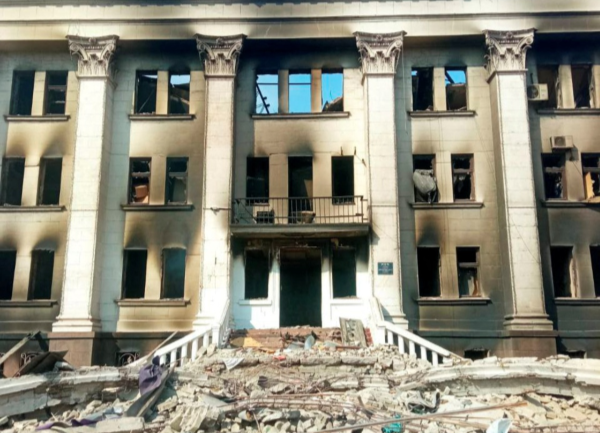 General view of the remains of the drama theatre which was hit by a bomb when hundreds of people were sheltering inside, amid ongoing Russia's invasion,in Mariupol,Ukraine, in this picture released March 18 2022. Picture: HANDOUT via REUTERS