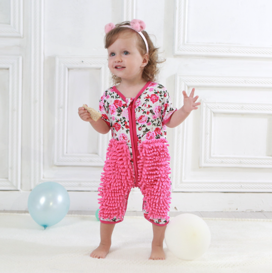 Infant Short Sleeved Mop Suit Jumpsuit Baby's Cleaning Outfit Fun for Crawling and Cleaning Easy Cleaning and Playtime f