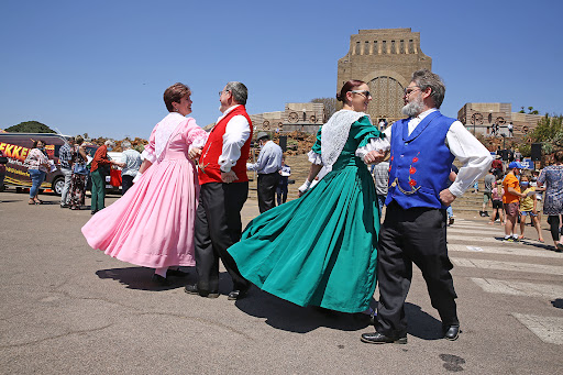 Adamari Bredenhann, Anton van Vollenhaven, Bianca du Plessis and Danie van der Merwe taking part in volkspele at the Voortrekker Monument in Pretoria, in celebration of Heritage Day.