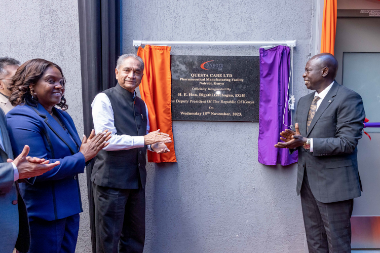 Deputy President Rigathi Gachagua (R) when he commissioned the Sh1.5 billion Questa Care Pharmaceuticals manufacturing company, at Industrial Area, Nairobi on November 15/DPCS