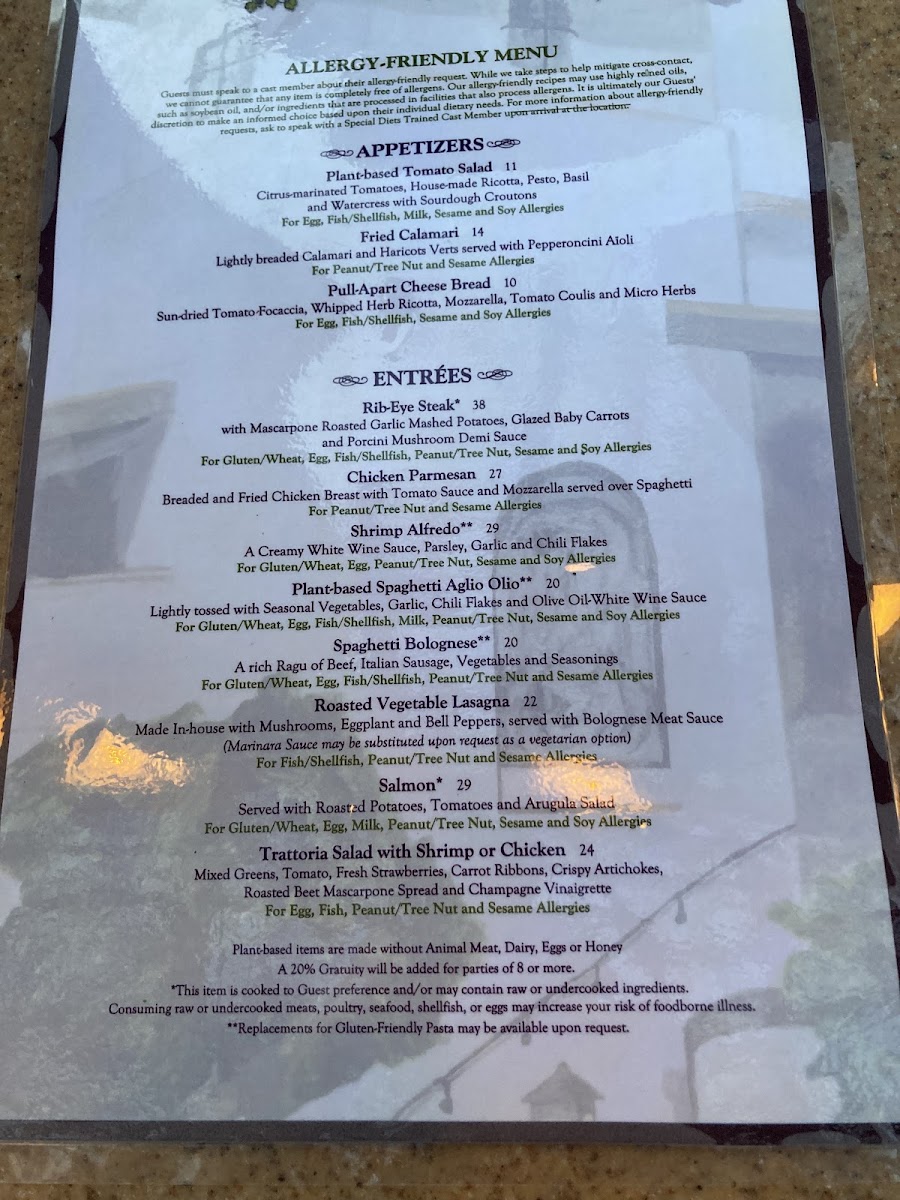 Wine Country Trattoria gluten-free menu