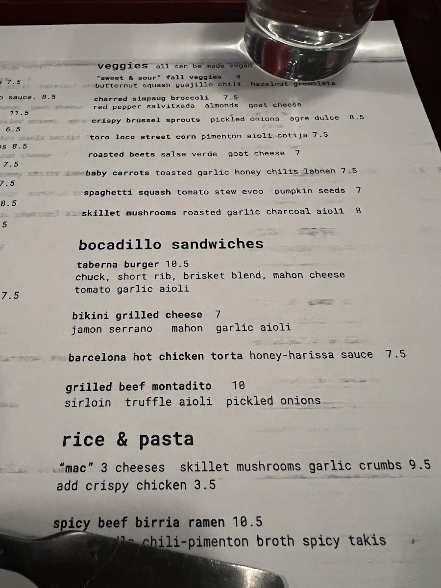 One section of the menu