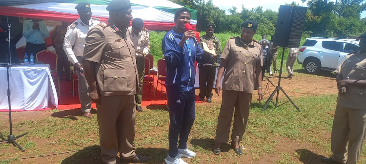 Homa Bay county commsiioner Moses Lilan, the county executive for Youth and Gender Sarah Malita and Nyanza regional commissioner Flora Mworoa in Homa Bay town on April 5,2023