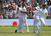 Vernon Philander of South Africa celebrates with teammates after taking the wicket of Ravichandran Ashwin of India during day 2 of the 2018 Sunfoil Cricket Test Match between South Africa and India at Newlands Cricket Ground, Cape Town on 6 January 2018.
