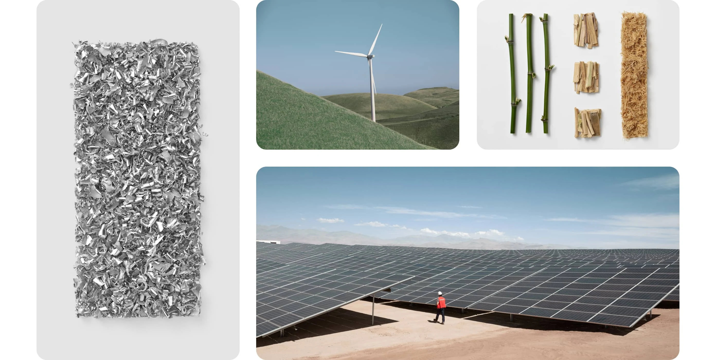 Collage that includes pieces of metal, a windmill, a display of branches and shaved wood, someone standing on a land filled with solar panels.