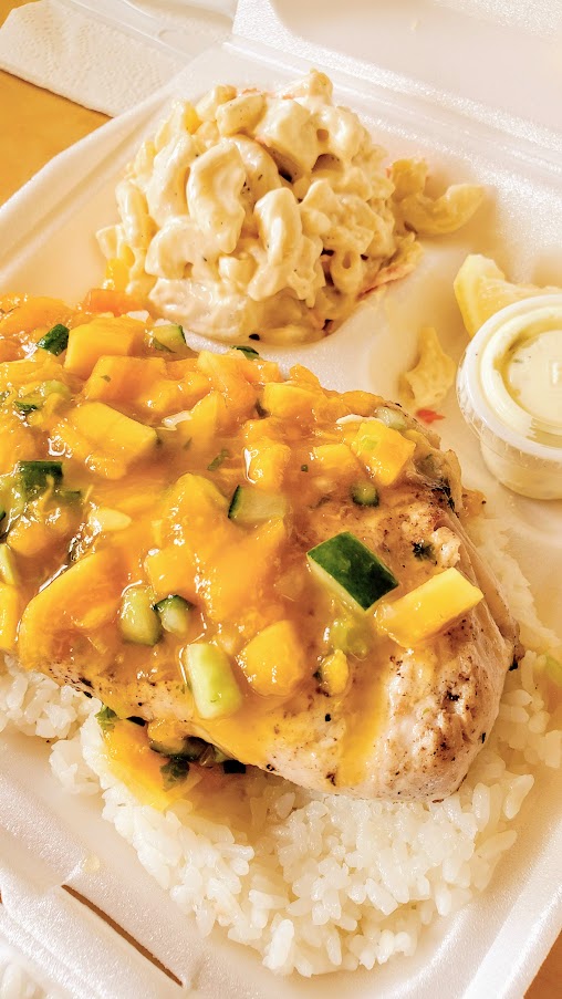 Eats in Oahu - If you head towards the beautiful beaches of Lanikai, and Kailua, fuel up at Ono Steaks and Shrimp Shack- Fresh ono with papaya and mango salsa