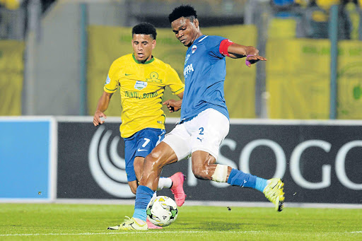 LEADING BY EXAMPLE: Chippa United captain James Okwuosa, right, and Mamelodi Sundowns’ Keagan Dolly in action during their 2015 Telkom Knockout. Okwuosa says the Chilli Boys are fired up for their league encounter against SuperSport United tonight Picture: GALLO IMAGES