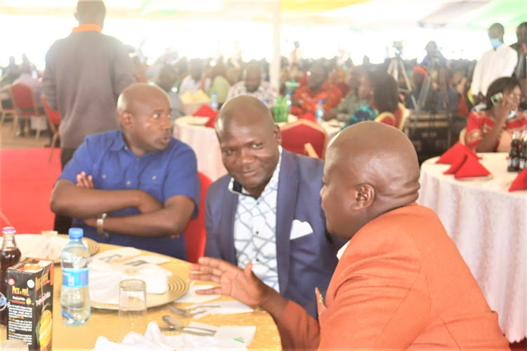 Lugari MP Ayub Savula, Kakamega Azimio governor candidate Fernandez Barasa and outgoing Kakamega speaker Soita Kasaya during Governor Wycliffe Oparanya's farewell party at Bukhungu stadium on Friday, June 24.