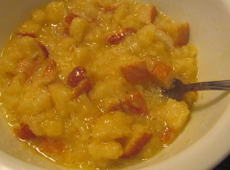 This Is What The Eggs, Milk, Bread Cubes, Pineapple And Sugar Look Like Mixed Up In The Bowl. I Used Four Slices Of Bread. 2/25/13