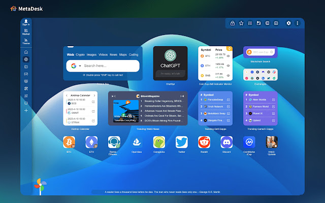 Metadesk - صفحة علامات تبويب جديدة رائعة من الذكاء الاصطناعي ولوحة معلومات سطح المكتب تدعم ChatGpt و Metamask و Web3 و Wallet