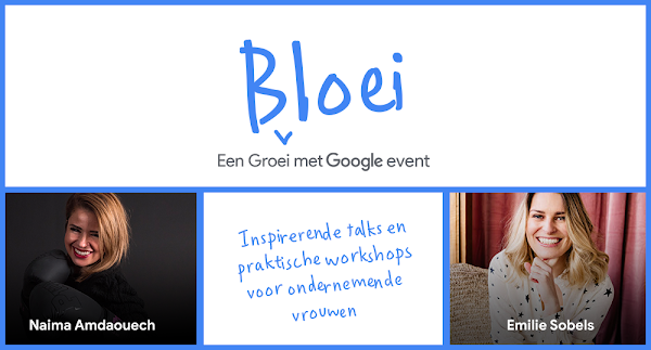 Bloei' een groei met google event in Nederland. Op de foto kun je twee vrolijke vrouwelijke ondernemers zien die aanwezig zullen zijn bij het evenement als spreker.