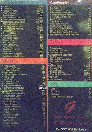 The Gem Bar & Restaurant menu 