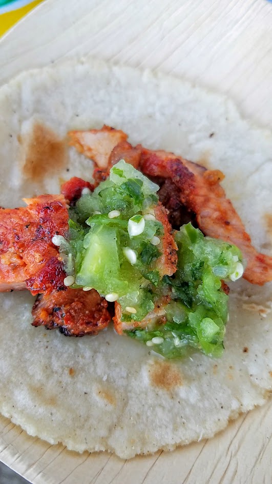 Feast PDX 2016 Night Market bite from Benjamin Gonzales from Nuestra Cocina (Portland, OR): Tacos de Cecina Adobada - Smoked marinated Snake River Farms pork loin with salsa verde