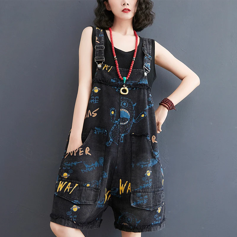 Shorts en jean amples à bretelles avec imprimé rétro pour femmes, parfaits pour un look décontracté et tendance, confortables et stylés.