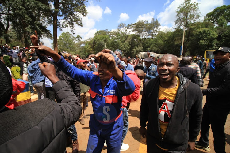 Former Mungiki leader Maina Njenga supporters at DCI headquarters along Kiambu road before they were dispersed on May 25,2023