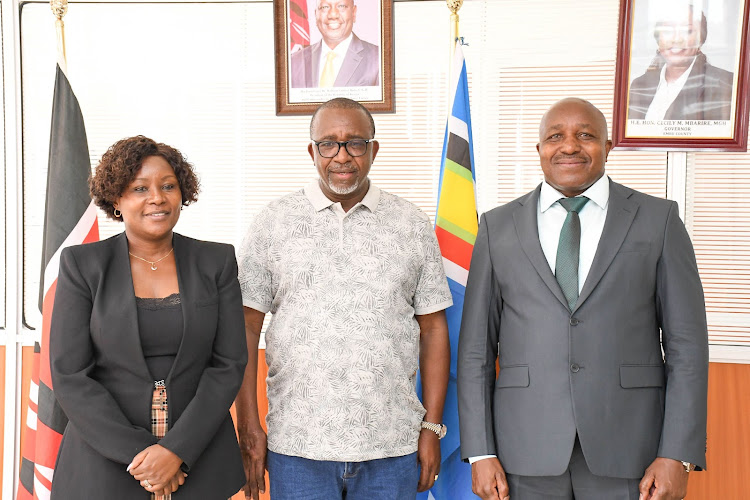 Embu Governor Cecily Mbarire, Agriculture and Livestock Development Cabinet Secretary Mithika Linturi and Embu deputy governor Justus Kinyua at the governor's office on Tuesday 28, March 2023.