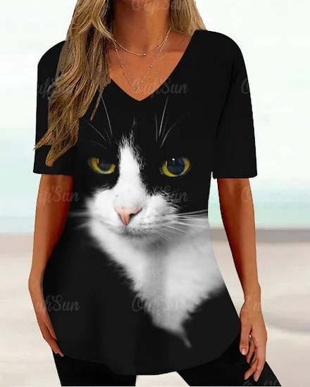 Kawaii Cat Graphic T Shirt For Women Painting Print Haraj... - 0