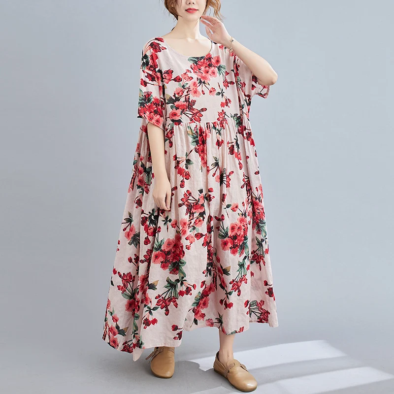 Abito corto in cotone e lino stampato, maniche corte, scollo tondo, perfetto per l'estate, comodo e leggero per un look quotidiano