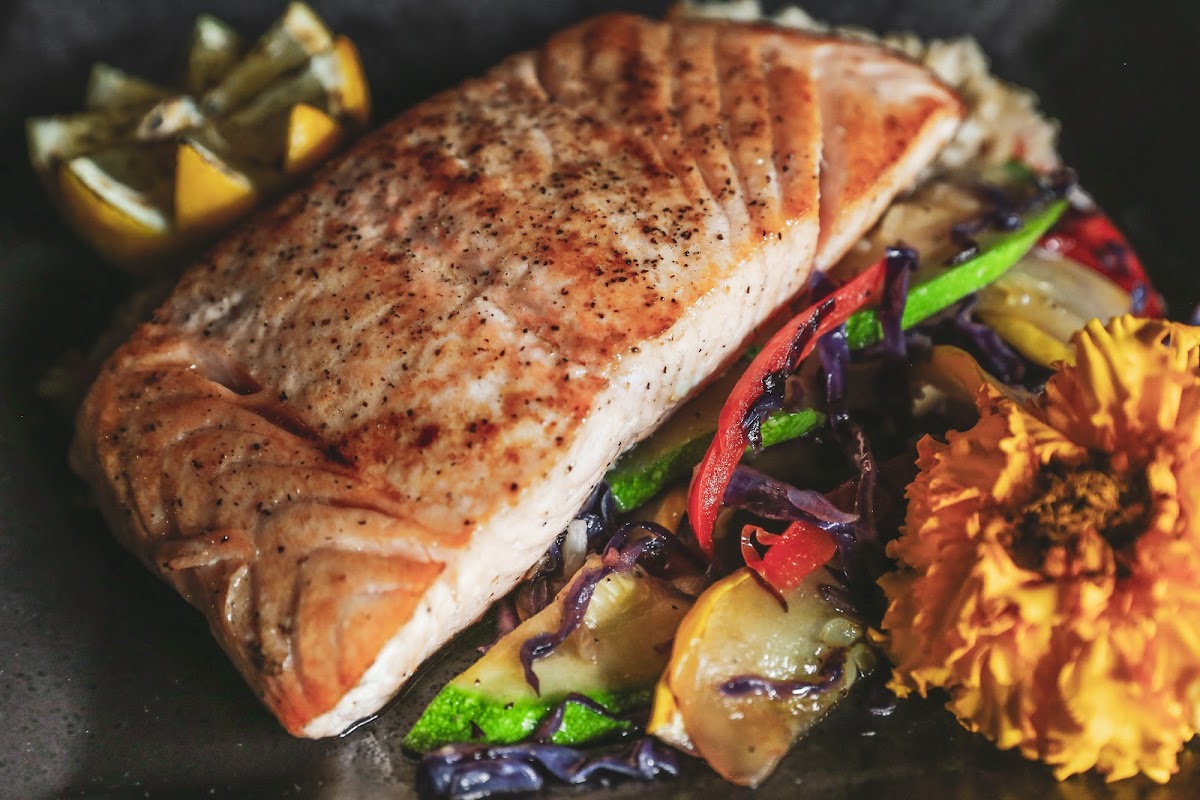 Bourbon Glazed Salmon with Carolina Gold Rice Pilaf and Seasonal Vegetable Medley