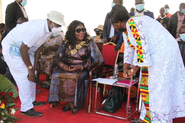 Ndhiwa MP Martin Owino, Ida Odinga and Homa Bay woman representative Gladys Wanga at a fundraiser in Kologi ward, Ndhiwa constiutuency on November 5,2021