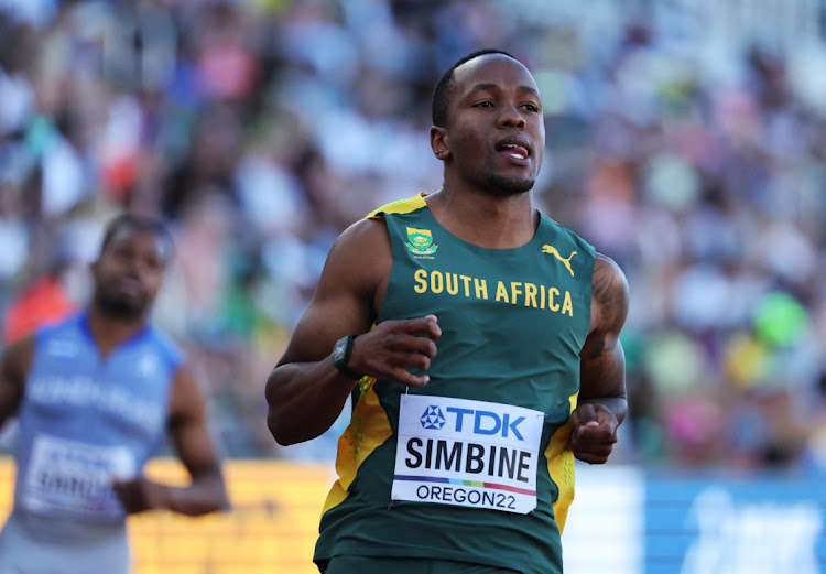 Akani Simbine reacts after competing in the 100m heats in Eugene on Friday.