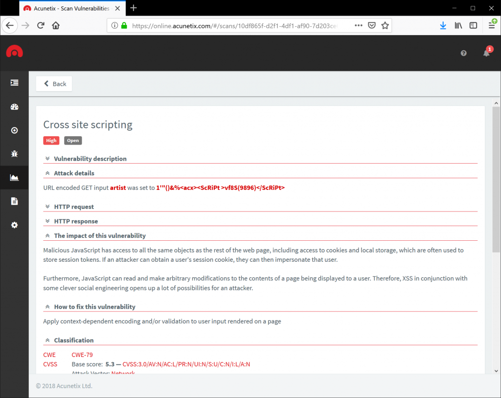 Cross Site Scripting detectado con Acunetix