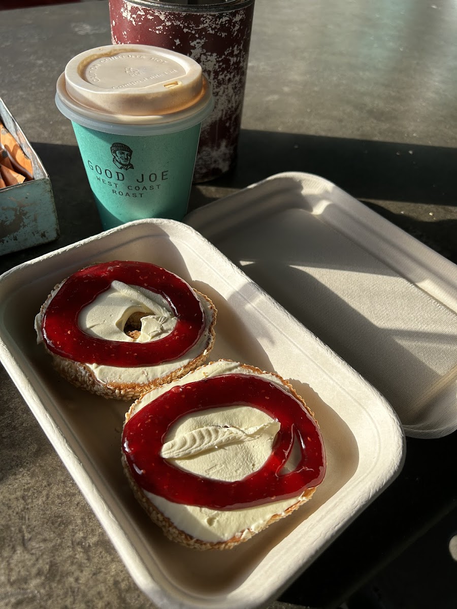 J.C on Guilt Free Bagel (GF) (Raspberry Jam & Cream Cheese) & Skim Latte