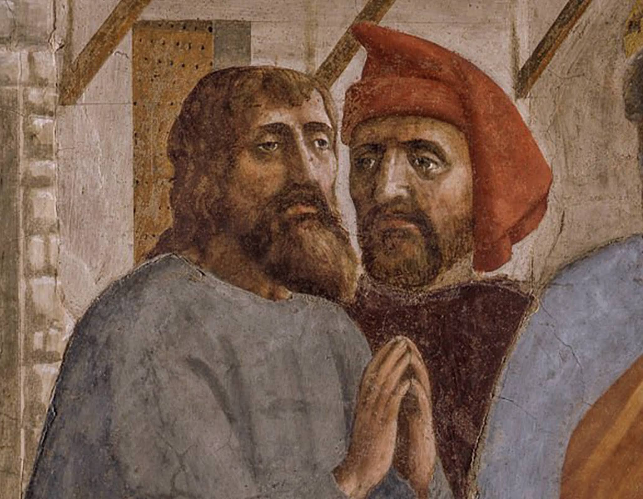 Masaccio, San Pietro risana con lombra (particolare dei malati guariti da San Pietro), affresco nella Cappella Brancacci, Santa Maria del Carmine, Firenze