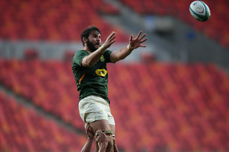 Lood de Jager of South Africa wins the lineout during the match between SA and Argentina at Nelson Mandela Bay Stadium on August 14 2021 in Gqeberha, South Africa. Picture: GALLO IMAGES/RICHARD HUGGARD