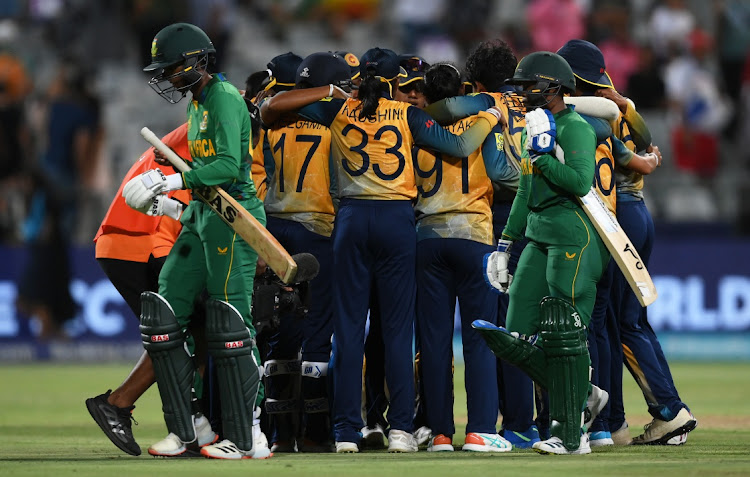 Sri Lanka's players celebrate following their three-run victory against the Proteas in the opening match of the T20 World Cup at Newlands on Friday