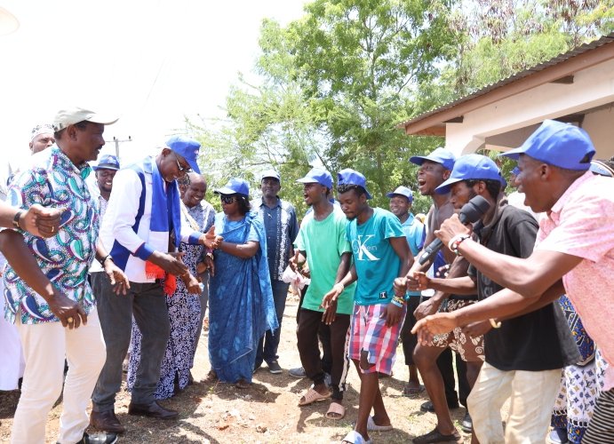 Wiper party leader Kalonzo Musyoka dances with supporters during a membership recruitment drive in Kwale County on March 30, 2024