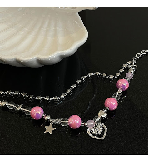 Title 4, Round bead necklace featuring stitched stars an...