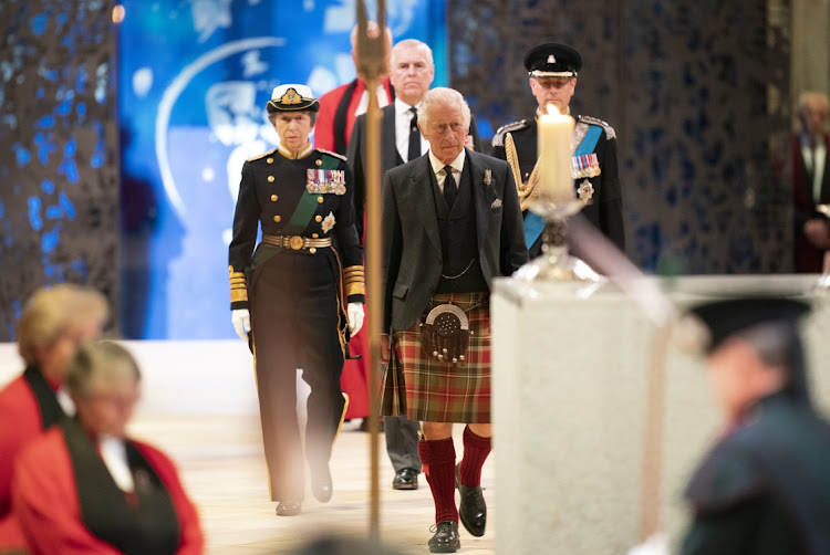 King Charles III, Prince Edward, Duke of Wessex, Princess Anne, Princes Royal and Prince Andrew, Duke of York arrive to hold a vigil at St Giles' Cathedral in honour of Queen Elizabeth II on September 12 2022 in Edinburgh, Scotland.