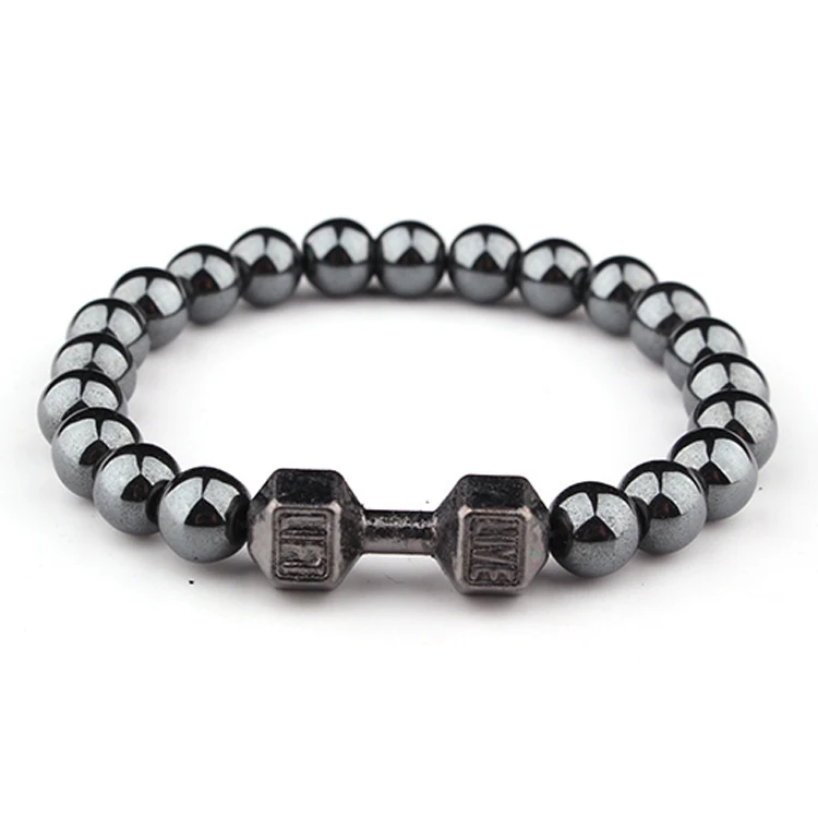 8mm Hematite Dumbbell Armband voor fitness mode. Stijlvol barbell ontwerp, duurzaam en ideaal voor een actieve levensstijl. Uniek accessoire.