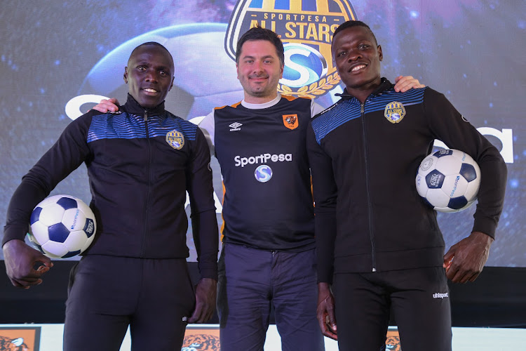 Former Harambee Stars goalkeepers Patrick Matasi (R) and Davis Okello while featuring for the Kenyan Allstars football team in a past invitational tournament.