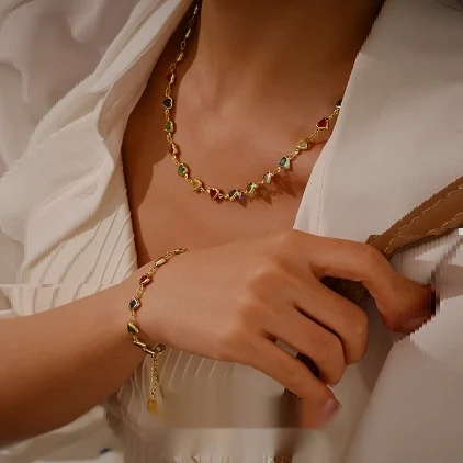 Bracelet et collier cœur en verre couleur bonbon d'été, plaqué or véritable 18K, tendance et spécial.