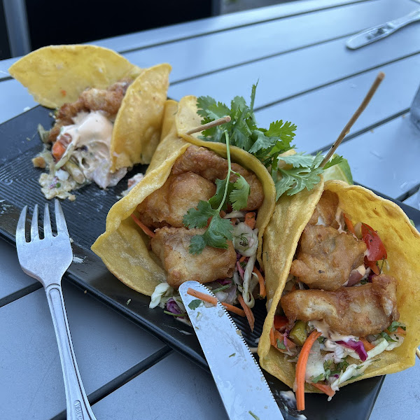 Rockfish tacos with a GF chickpea batter.