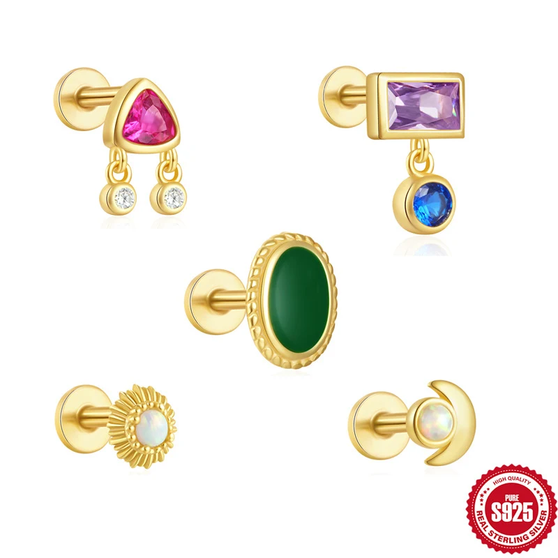 Boucles d'oreilles clous tendance en argent sterling S925 avec pierres précieuses. Bijoux élégants pour femmes, parfaits pour toutes occasions.