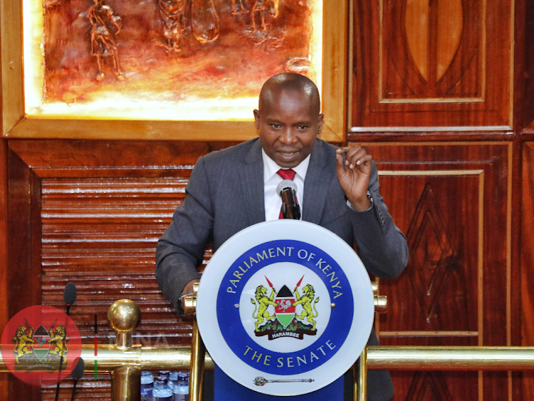 Interior Cabinet Secretary Kithure Kindiki speaking before the Senate in Nairobi on October 11, 2023.