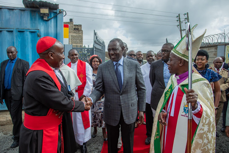 President William Ruto exchanges greetings with Church leaders at Emmanuel Church in Bahati on March 24, 2024.