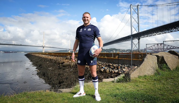 Scotland flyhalf Finn Russell poses during their squad announcement prior to the Rugby World Cup in South Queensferry, Scotland in August 2023.