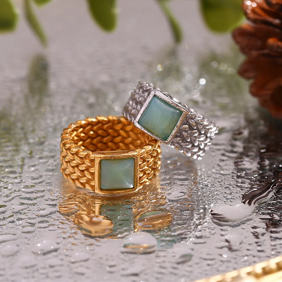 Vintage Stainless Steel 18K Gold Plated Woven Square Natural Stone Ring Elegant Women's Jewelry Gift Idea